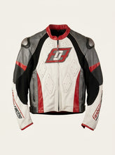 A leather motorcycle jacket in white, black, and red, featuring protective armor plates and a stylized 'F' logo on the chest, displayed against a light beige background.