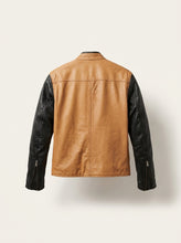 Tan and black leather cafe racer motorcycle jacket rear view with zip cuffs.