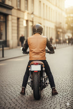 Giacca da motociclista in pelle marrone chiaro e nera – Stile motociclista Café Racer