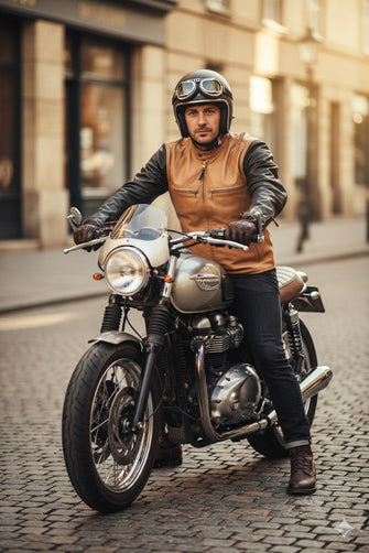 Man wearing tan and black leather café racer jacket riding vintage motorcycle