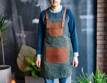 Work Apron - Green, Black, Brown or Gray Waxed Canvas, Leather Trim, Cross-Back, HeavyDuty, Chef, Woodwork, BBQ, Shop