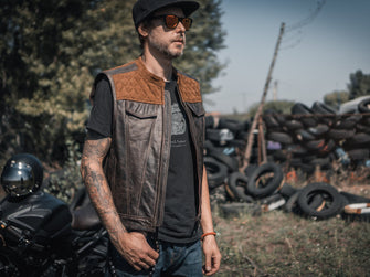 Motorcycle Club Leather Vest, Suede Diamond Stitch