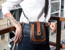 Women Small vertical bag for women. Black, brown leather. Wide leather strap.