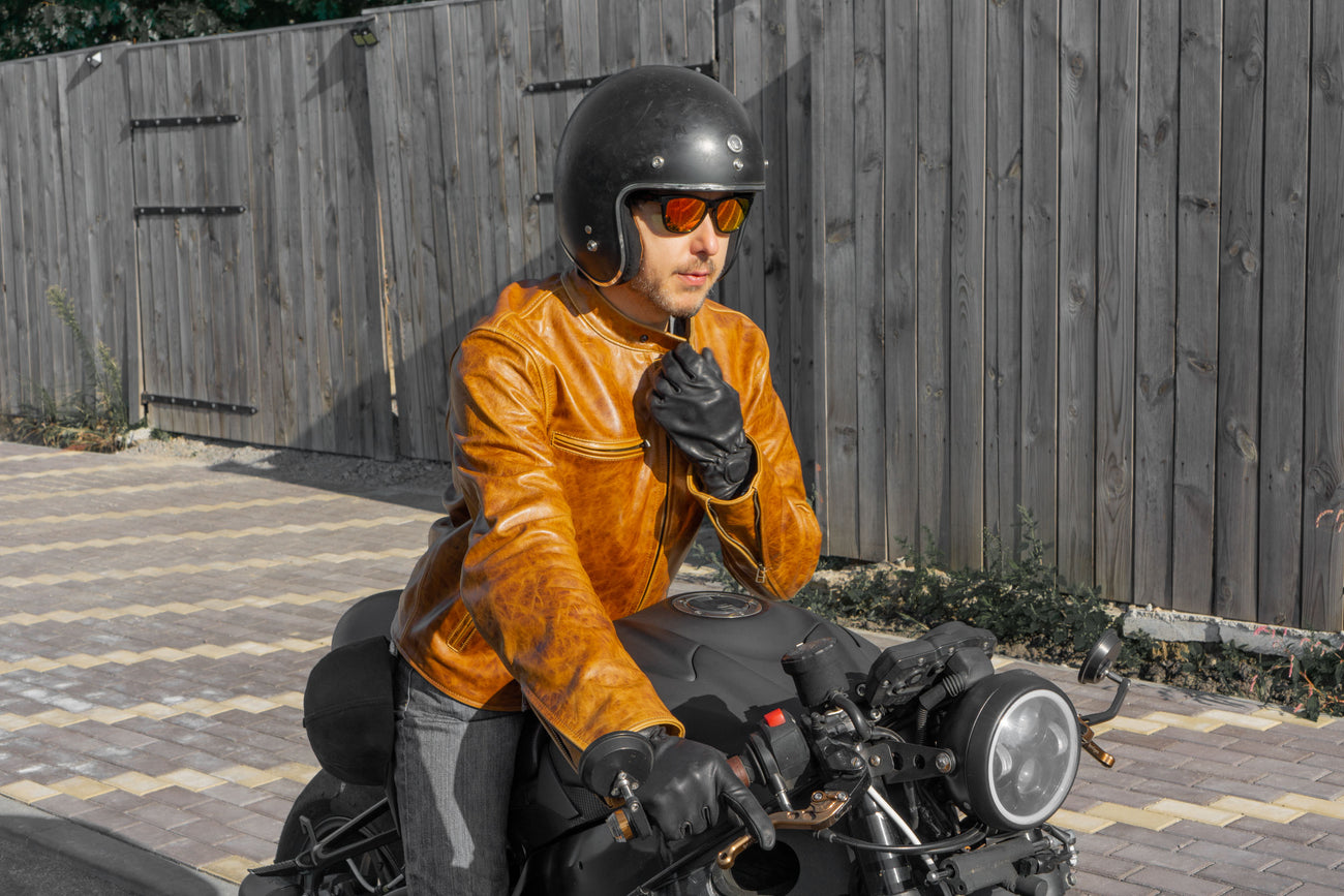 Herren Motorradjacke Leder - Cafe Racer Vintage Style - Braun Mit Used-Look