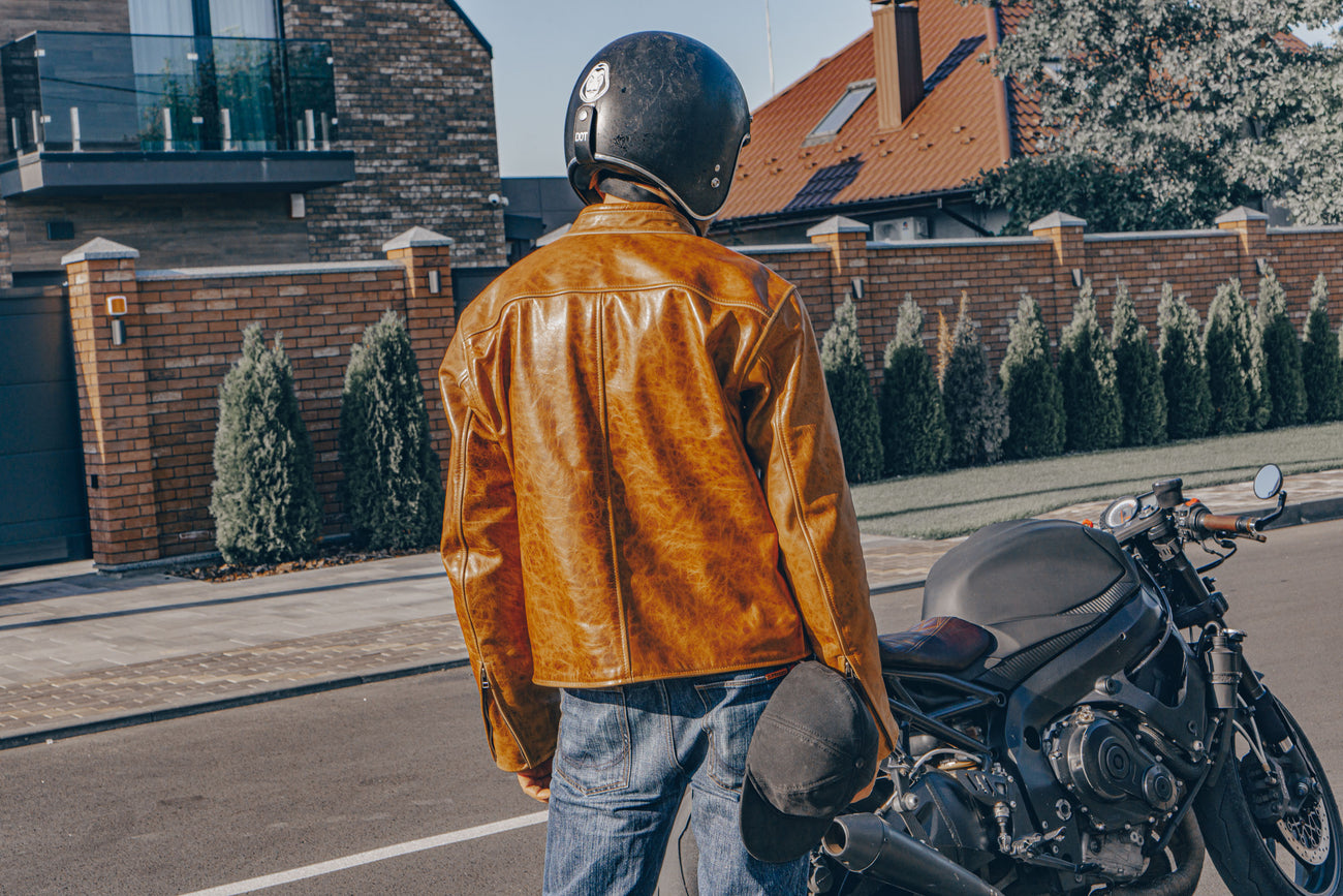 Men s Classic Motorcycle Jacket Orange Brown Leather Handcrafted