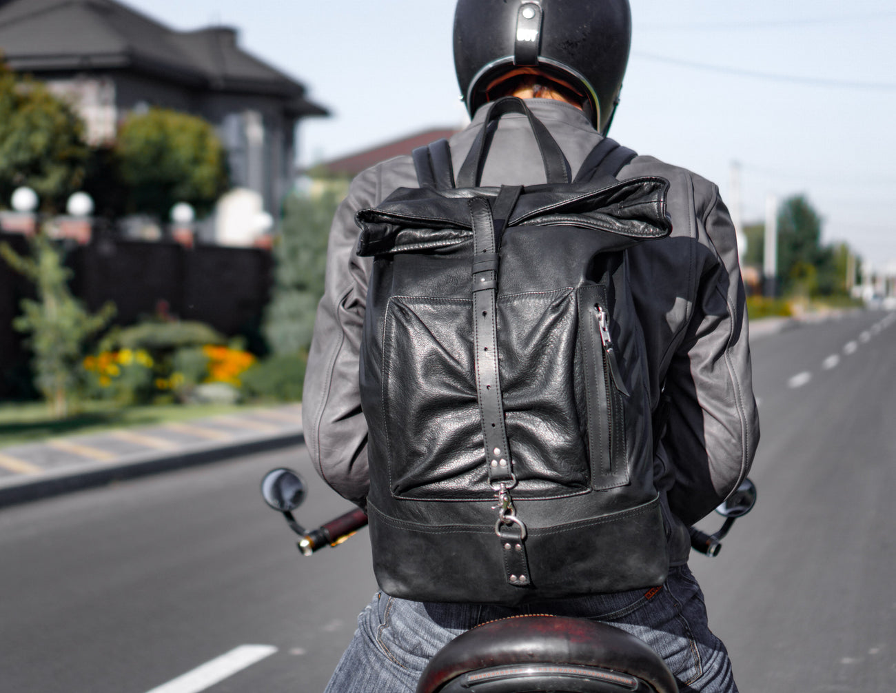 biker jacket leather backpack Black Leather Backpack