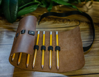 Small Brown Leather Roll Up Pencil Case with 10 pockets 