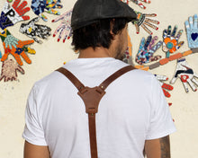 man brown leather suspenders with clip for jeans