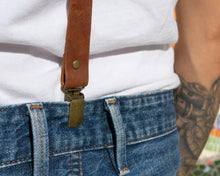 mens brown leather suspenders with clip for jeans
