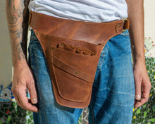 brown leather floral tool belt with pockets